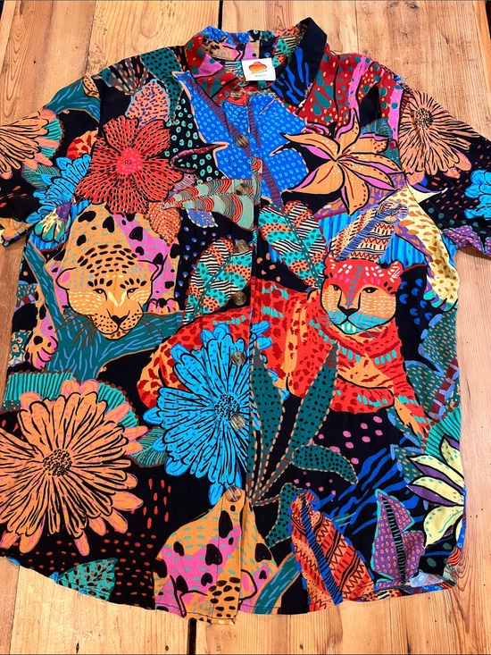 FARM Rio Tops - FARM RIO L Tiger Jungle Panther Tropical Patchwork Button Down Blouse
